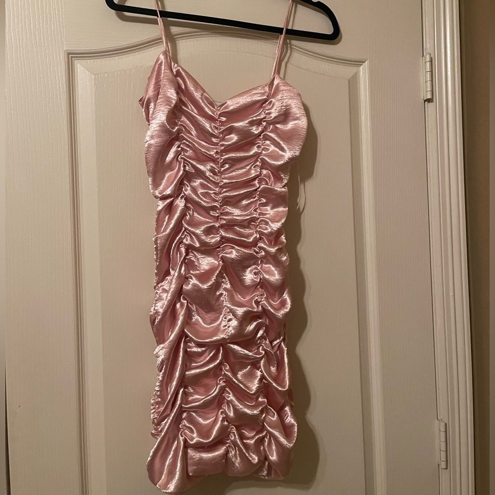 Pink Satin Ruffle Mini Dress - Picture 3 of 5